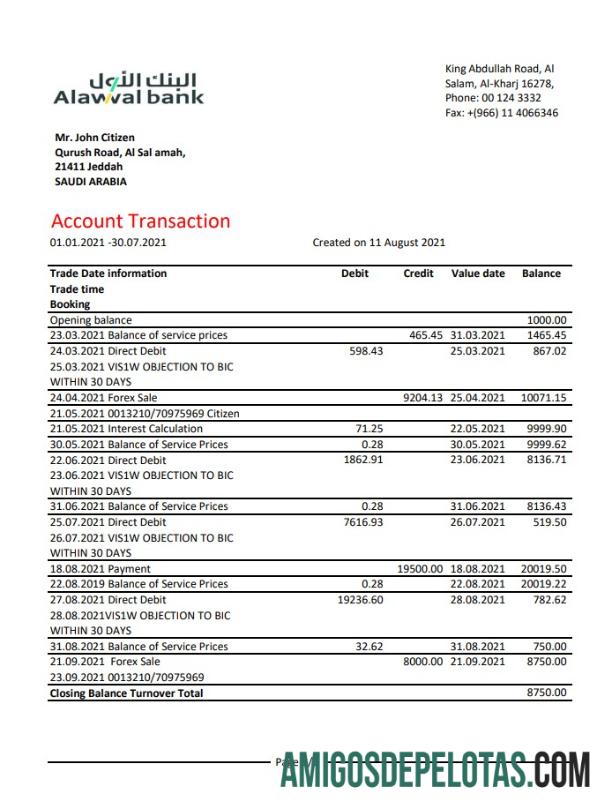 Exemplo de PDF do Excel do Banco Alawwal da Arábia Saudita